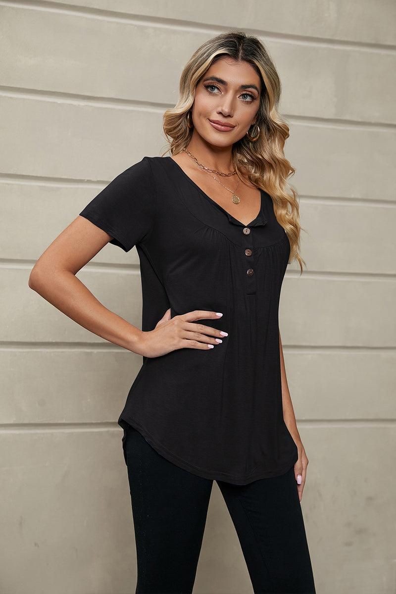 BUTTON NECK TUNIC TOP - Doublju