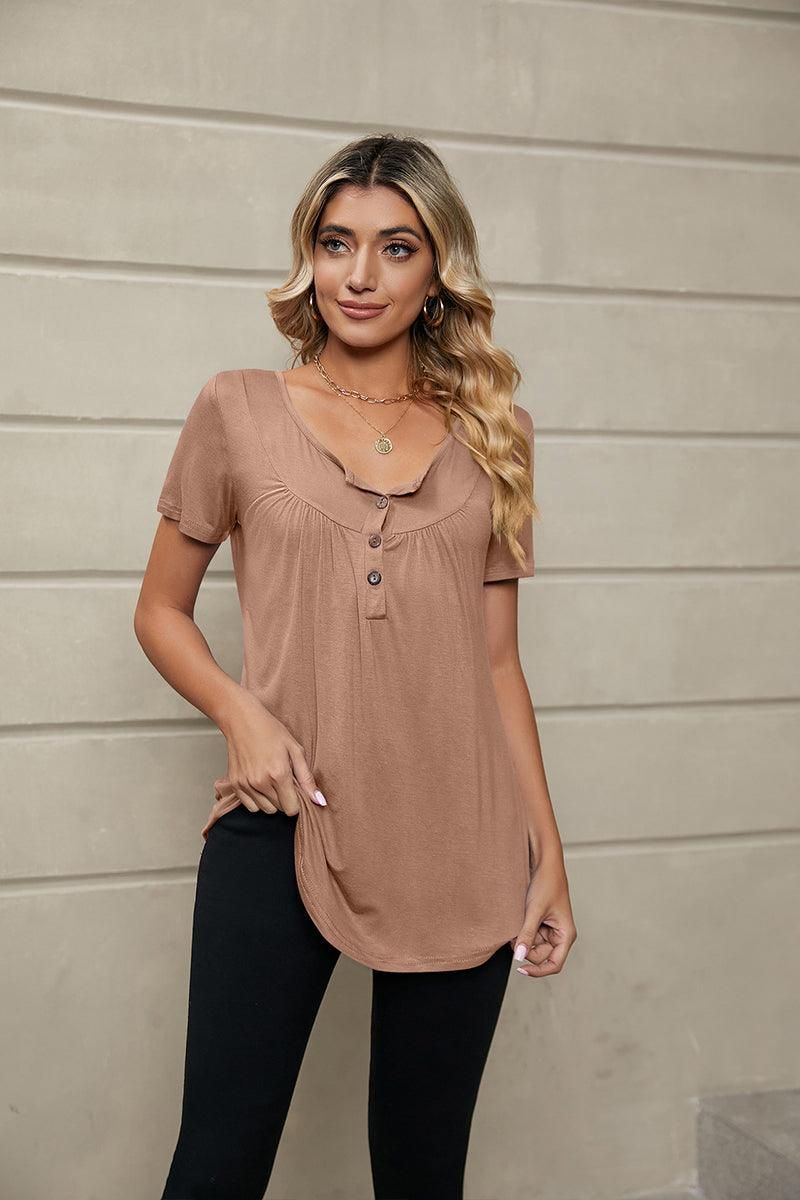 BUTTON NECK TUNIC TOP - Doublju