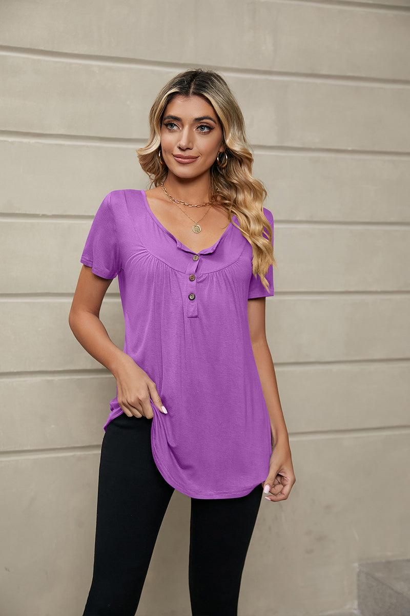 BUTTON NECK TUNIC TOP - Doublju