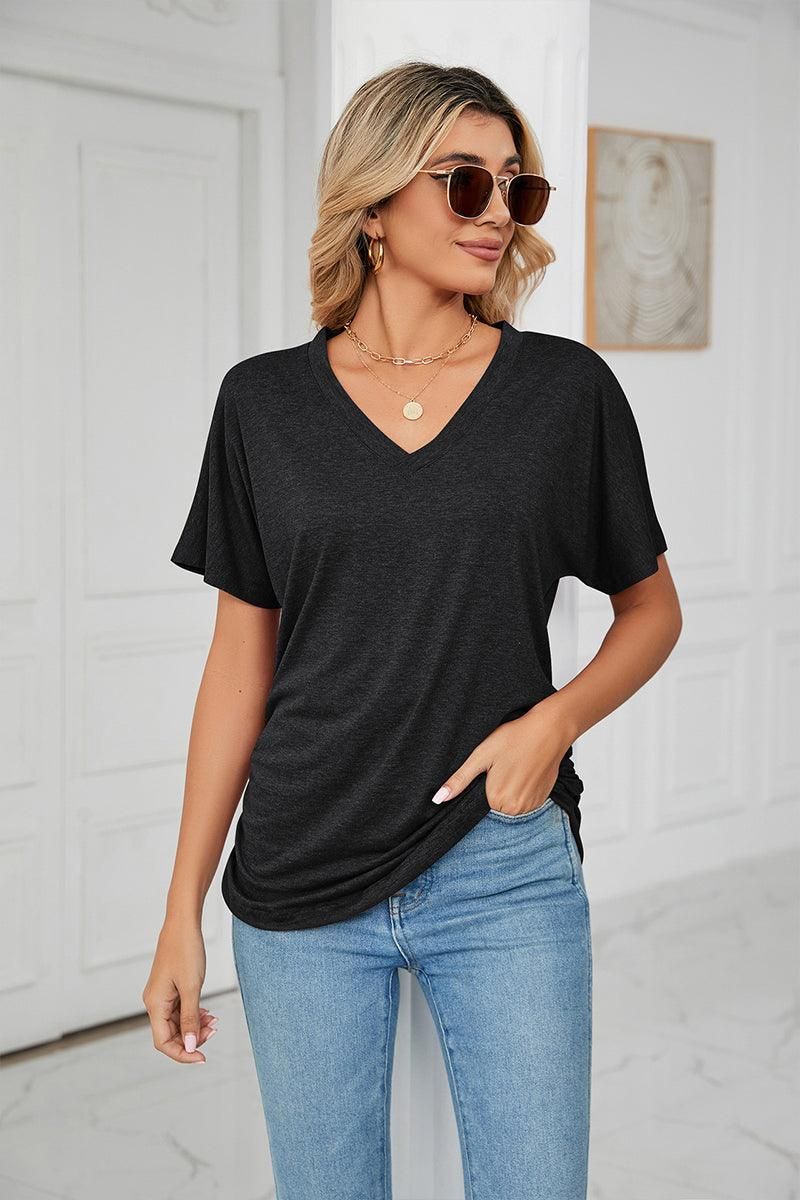 SOLID V NECK SHORT SLEEVE LOOSE TEES - Doublju