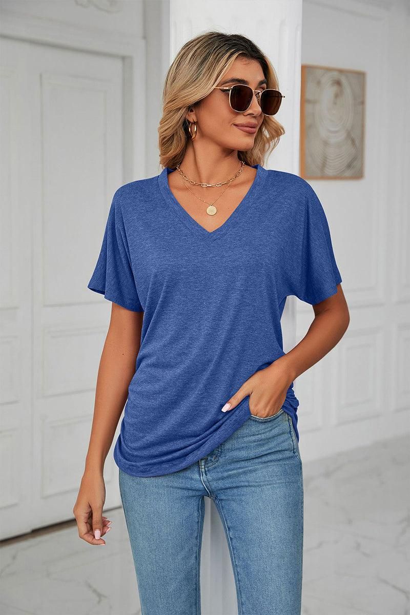 SOLID V NECK SHORT SLEEVE LOOSE TEES - Doublju