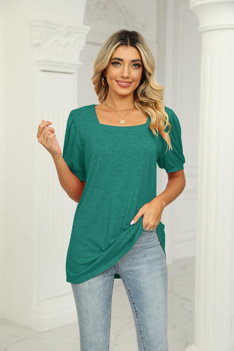 SQUARED NECKLINES RUFFLED LOOSE TEES - Doublju