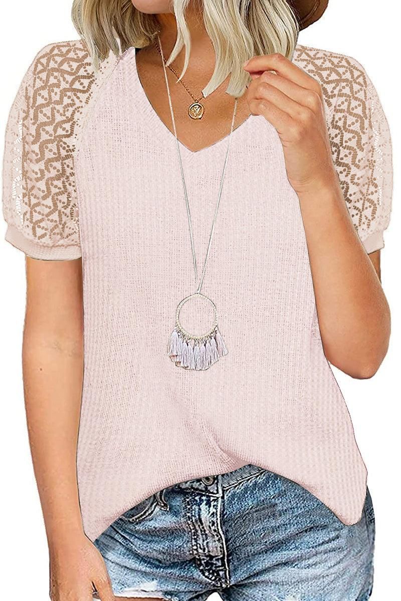 PUNCHING LACE SLEEVE V NECK WAFFLE TOP - Doublju