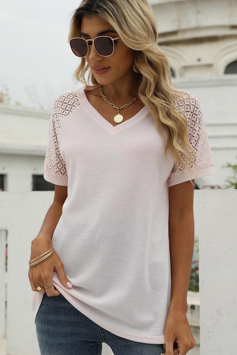 PUNCHING LACE SLEEVE V NECK WAFFLE TOP - Doublju