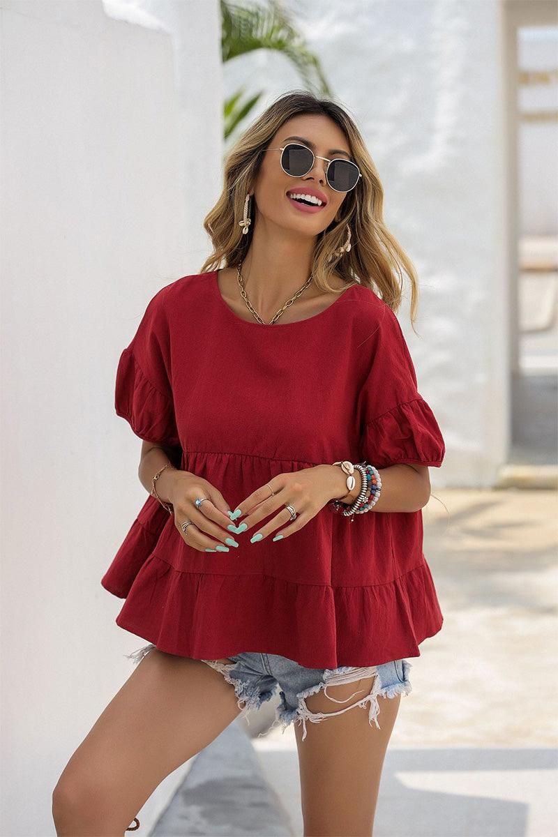 SLIT BACK SHORT PUFF SLEEVE CAKE RUFFLE TOP - Doublju