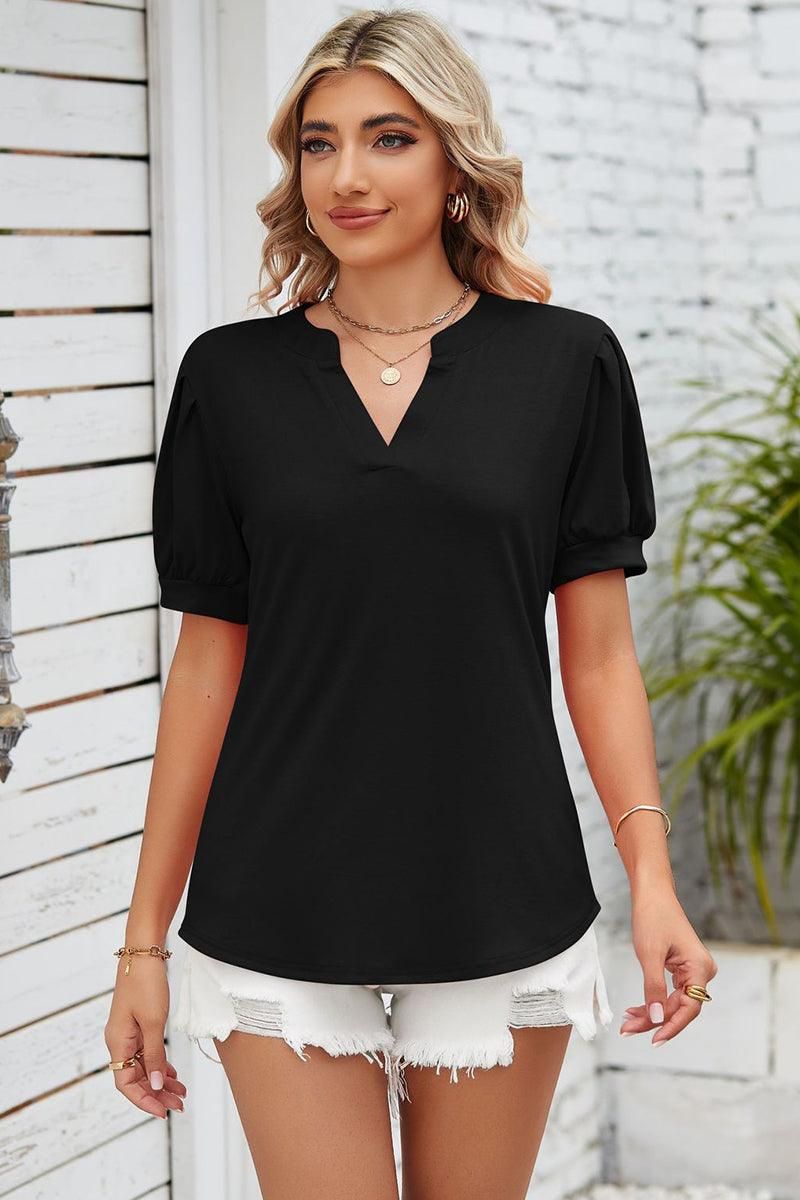 SIMPLE V NECK LOOSE SHORT PUFF SLEEVE TEE - Doublju