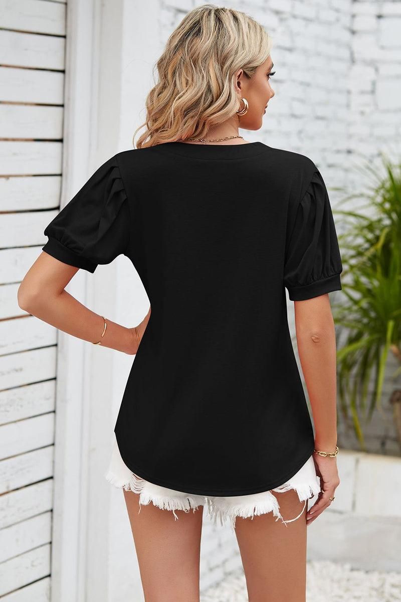 SIMPLE V NECK LOOSE SHORT PUFF SLEEVE TEE - Doublju