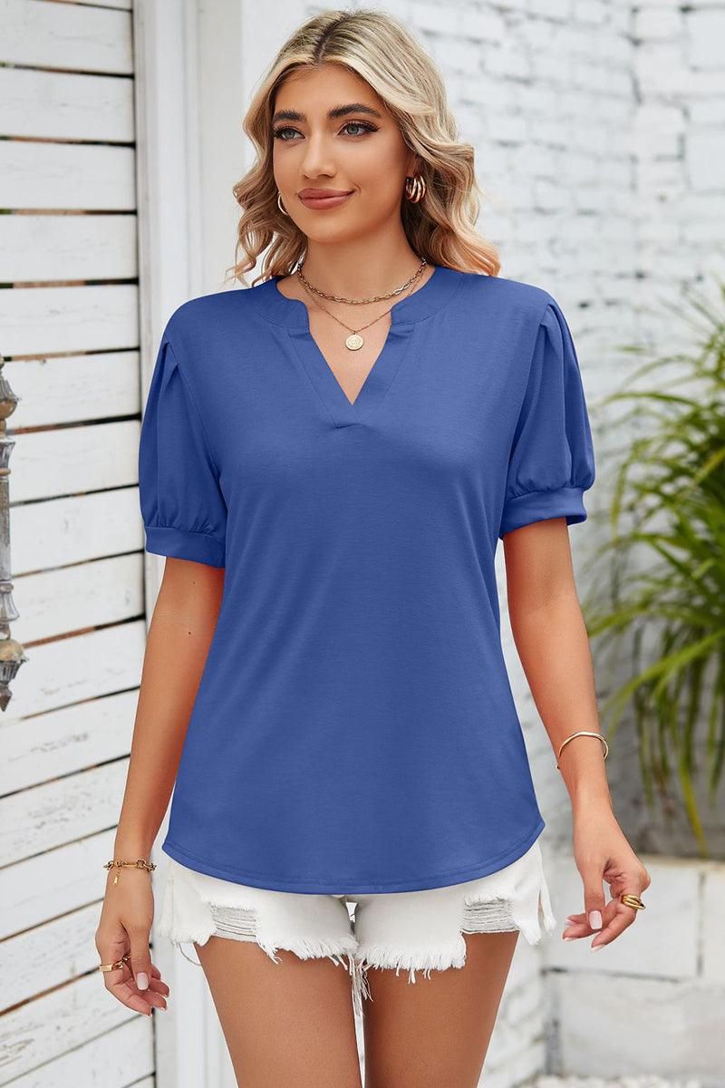 SIMPLE V NECK LOOSE SHORT PUFF SLEEVE TEE - Doublju