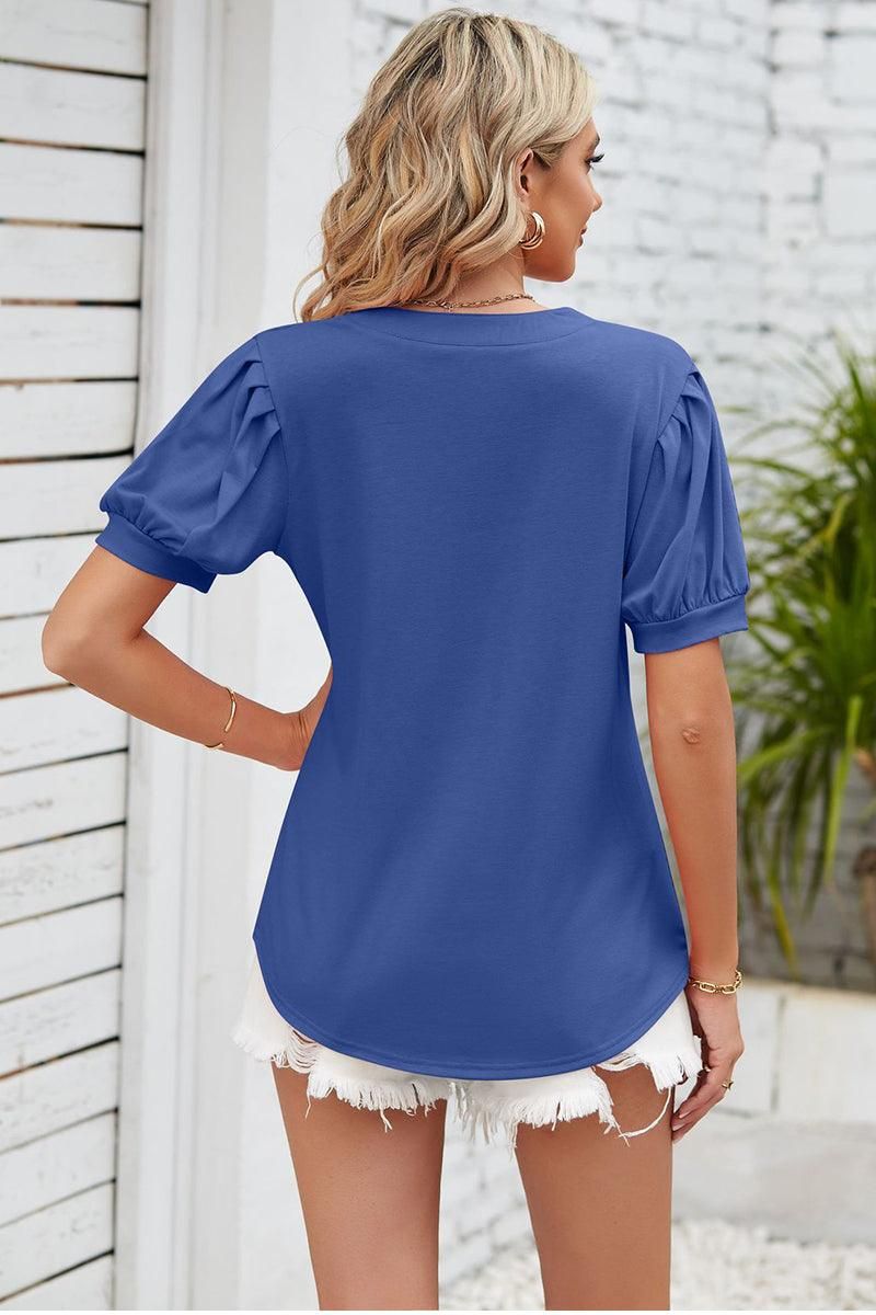 SIMPLE V NECK LOOSE SHORT PUFF SLEEVE TEE - Doublju