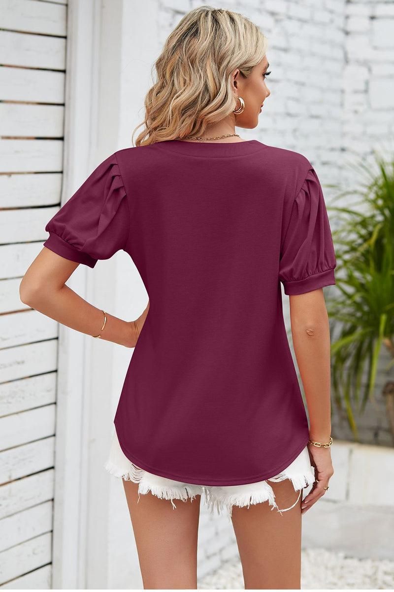 SIMPLE V NECK LOOSE SHORT PUFF SLEEVE TEE - Doublju