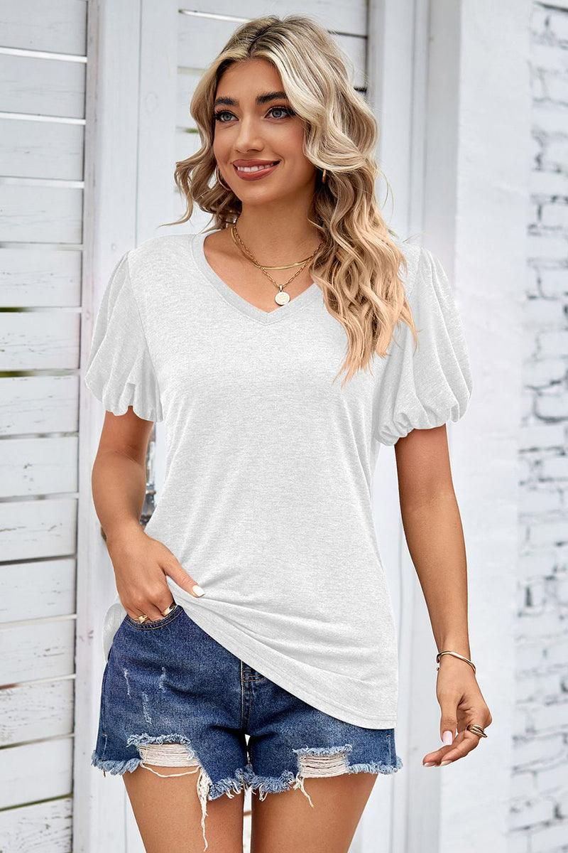 PUFF SLEEVED WOMEN BASIC T SHIRTS - Doublju