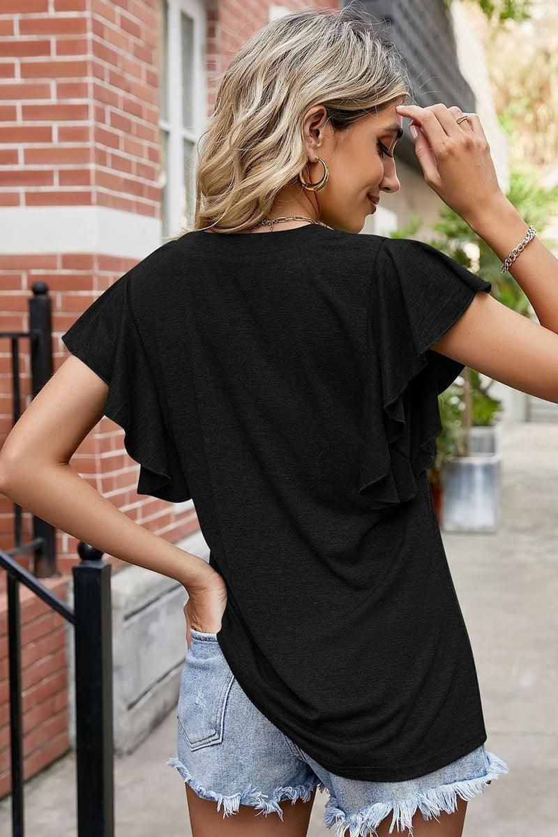 KEYHOLE NECK RUFFLED SLEEVE WOMEN BASIC T SHIRTS - Doublju