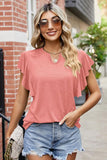 KEYHOLE NECK RUFFLED SLEEVE WOMEN BASIC T SHIRTS - Doublju