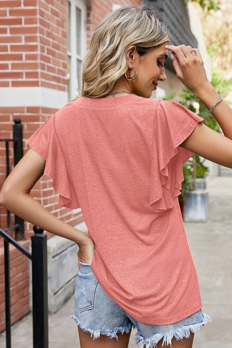 KEYHOLE NECK RUFFLED SLEEVE WOMEN BASIC T SHIRTS - Doublju