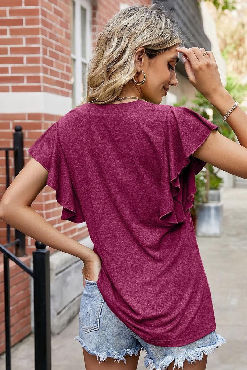 KEYHOLE NECK RUFFLED SLEEVE WOMEN BASIC T SHIRTS - Doublju