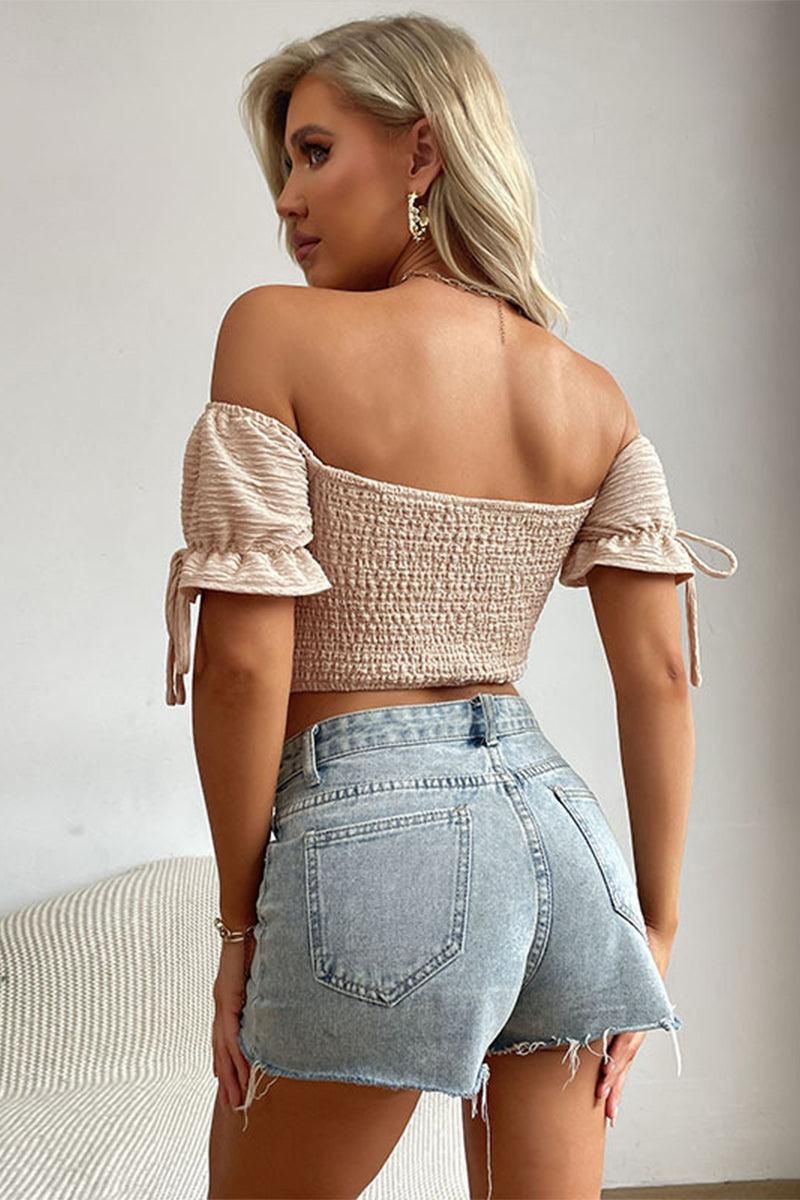 OFF SHOULDER CROP T SHIRT - Doublju