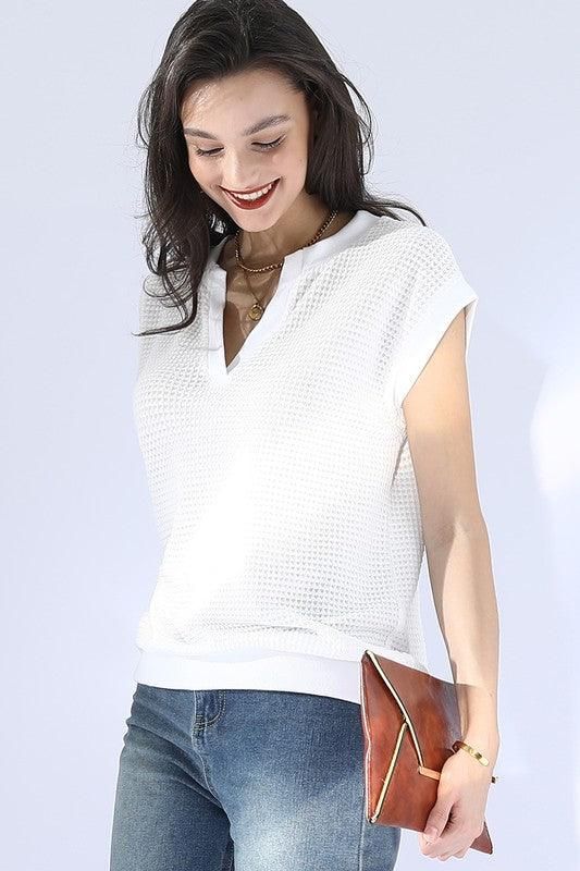 OPEN V NECK SHORT SLEEVELESS WAFFLE KNIT TOP - Doublju