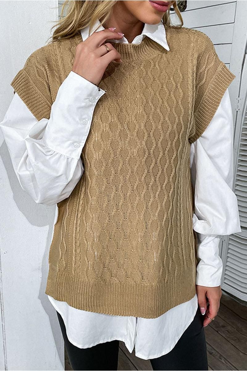 SOLID CABLE KNIT SWEATER VEST - Doublju