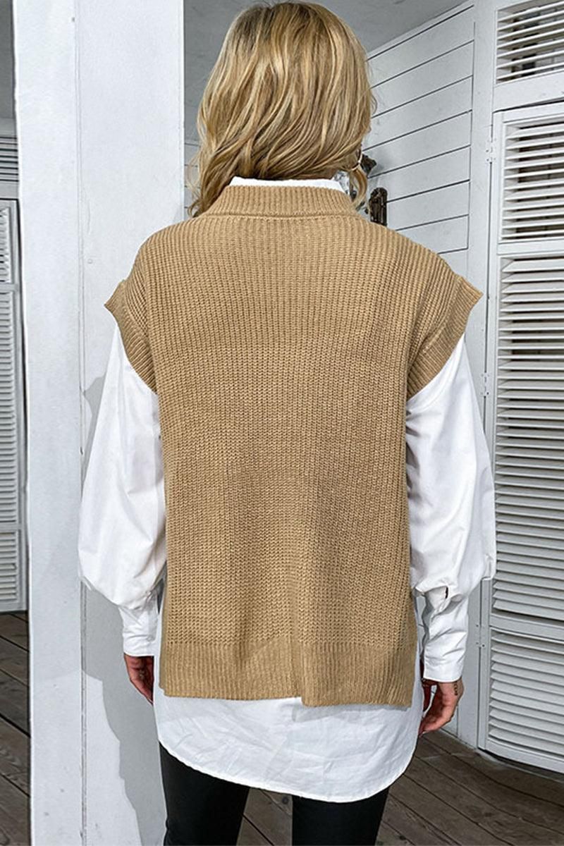 SOLID CABLE KNIT SWEATER VEST - Doublju