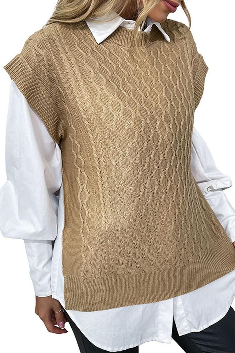 SOLID CABLE KNIT SWEATER VEST - Doublju