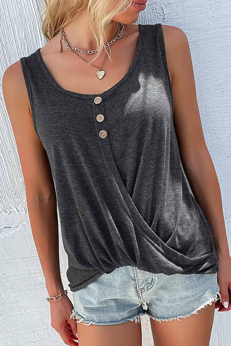 SIMPLE BUTTON POINT TWISTED SLEEVELESS TEE - Doublju