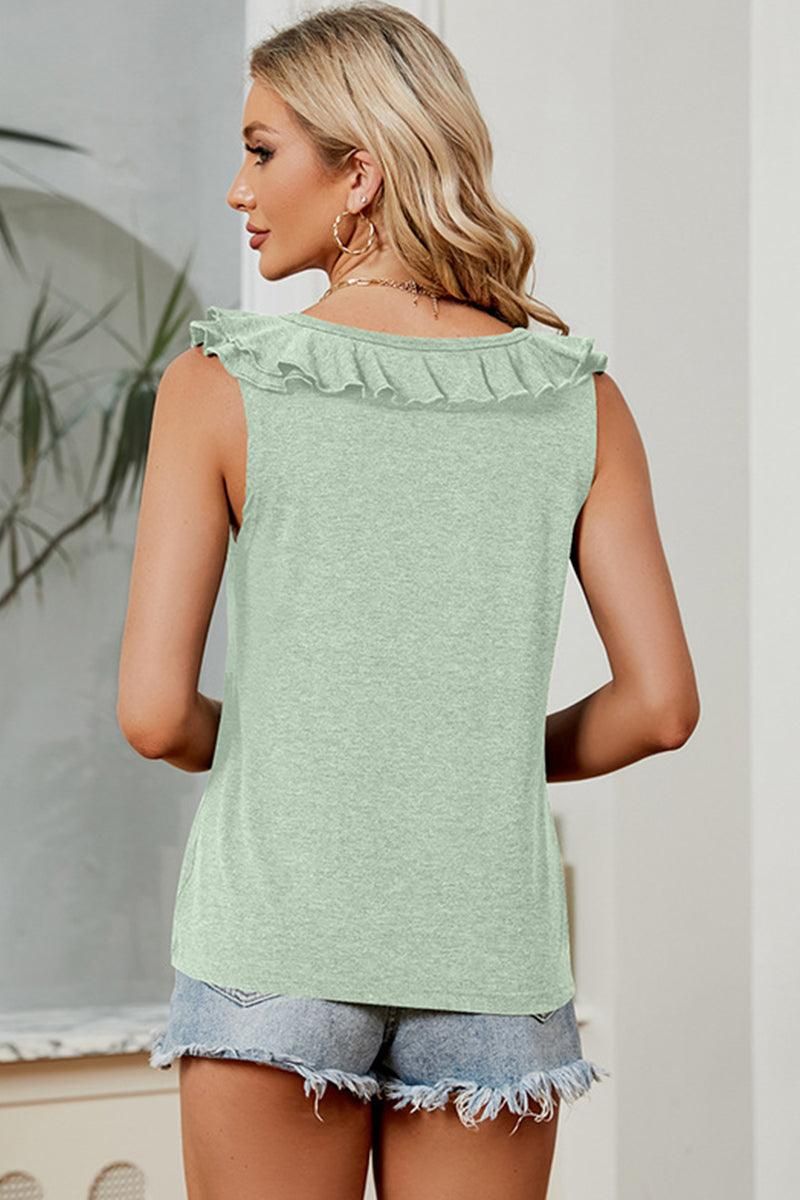 DEEP V FRILL NECK SLEEVELESS TOP - Doublju