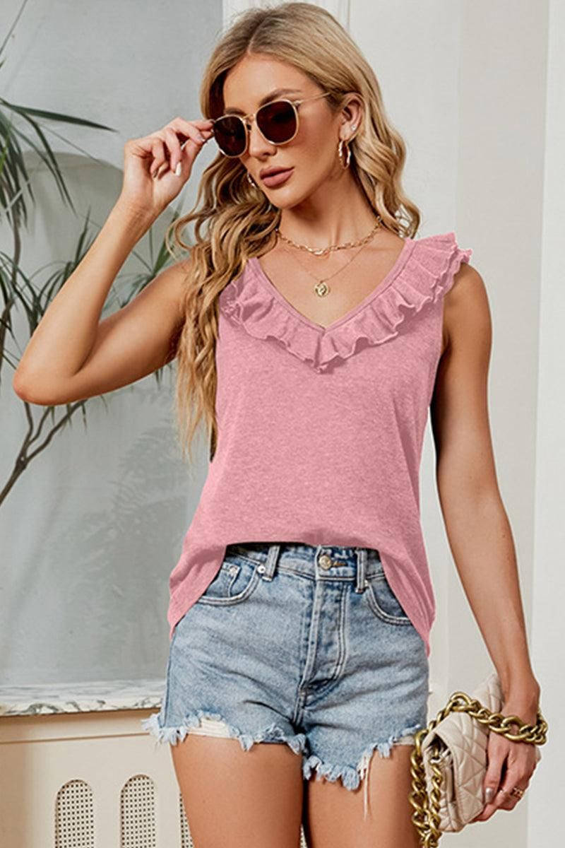 DEEP V FRILL NECK SLEEVELESS TOP - Doublju